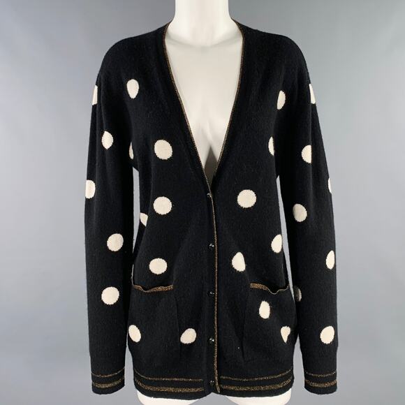 LE SUPERBE Size S Black White Wool Cashmere Polka Dot V-Neck Cardigan - Picture 1 of 5